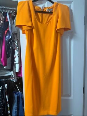 Badgley Mischka Bold Orange Midi Dress with Structured Sleeves